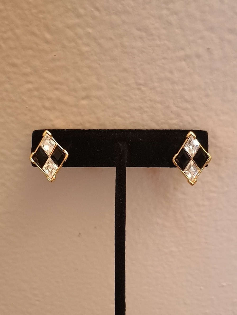 Trifari Harlequin Style Diamond Shape Clear Crystal And Black Stud Earrings